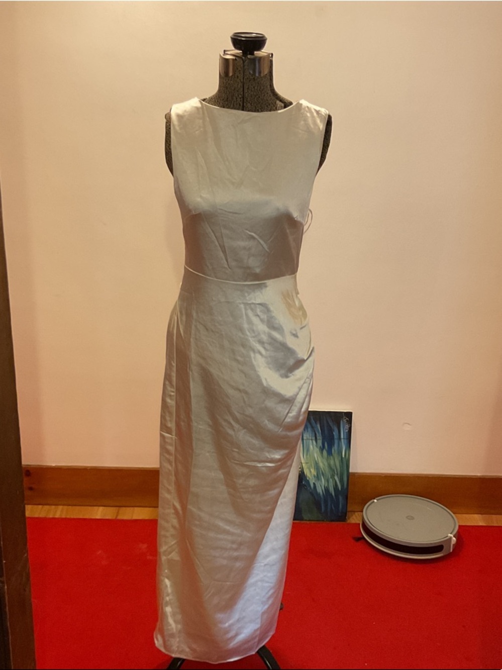 Sleeveless Cream Satin Maxi Dress with Boat Neck